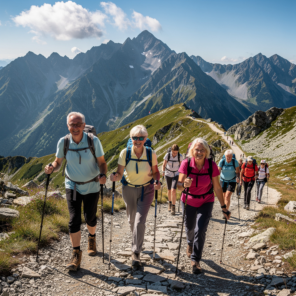 Senior hikers walking together on a mountain trail in Slovakia