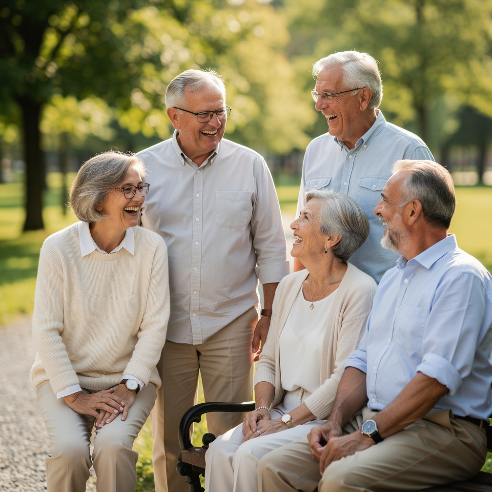 Group of happy senior friends laughing together outdoors on a sunny day