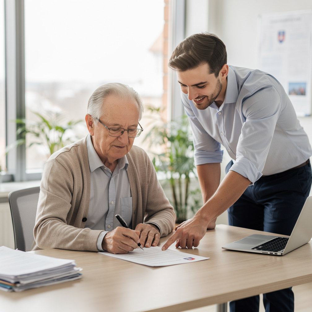 Senior man reviewing a membership document with an advisor